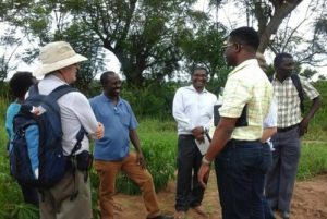 Picture of Members of the Next Generation Cassava Breeding team visit cassava trials at LZARDI in Tanzania.