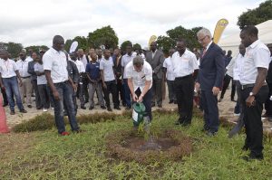 Picture of The board chair waters a tree as the US ambassador looks on.