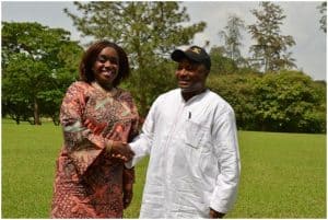 Picture of IITA Director General Nteranya Sanginga (right) welcomes the Nigerian Minister of Finance, the Hon. Kemi Adeosun (left) to IITA, Ibadan.