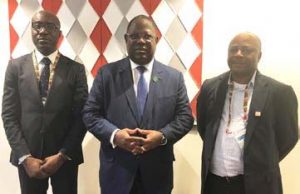 Picture of L-R The Gabon Minister of Agriculture, Biendi Maganga-Moussavou; the Prime Minister, Emmanuel Issoze-Ngondet, and IITA DG Nteranya Sanginga.
