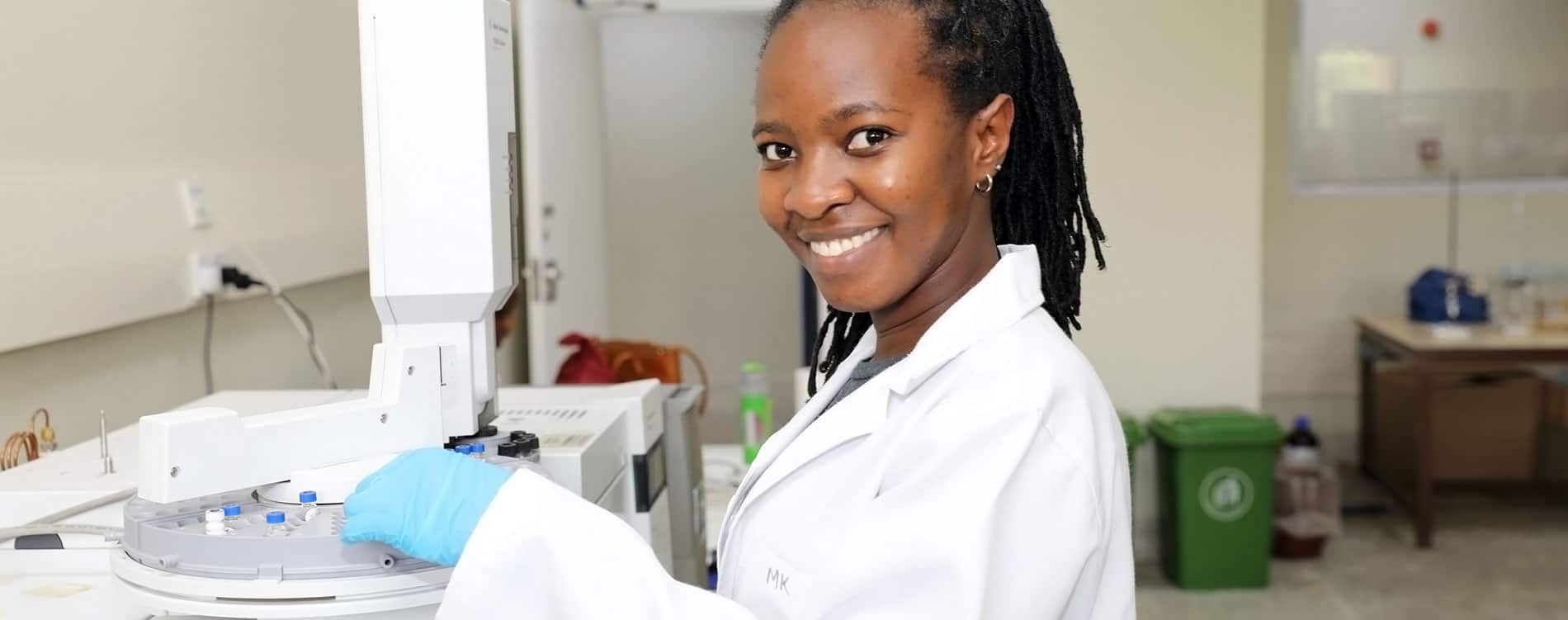 Msc student, Juliet Ochola, researching on “suicide hatching” as an effective ways to control nematode, looking at the pest with a microscope in the laboratory.