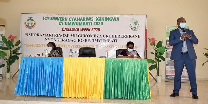 State Minister of Agriculture, Honorable Jean Chrisostome Ngabitsinze, giving a speech.