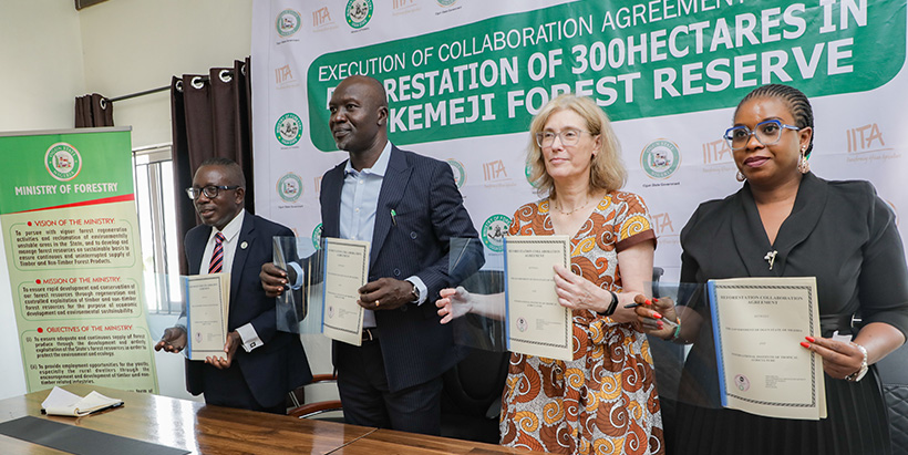 (L-R) Permanent Secretary Rotimiolu Akinlesi, Commissioner for Forestry Engr Taiwo Oludotun, IITA DDG-CS Hilde Koper-Limbourg, and IITA Head of Legal Services Morenike Abu displaying copies of the signed MoU between IITA Forest Center and the Ogun State Ministry of Forestry