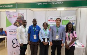 Team at the FS4Africa exhibition booth, first Postharvest Connect Conference, Abuja, Nigeria. From L-R: Ezekiel Udoko (from HIL), Abiodun Opaleye, Modupe Banwo, Alejandro Ortega-Beltran, and Iremide Olasope (from IITA).