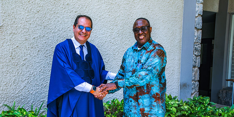 IITA Director General and CGIAR Regional Director for Continental Africa, Dr Simeon Ehui with OCP Africa Chief Executive Officer Mohamed Anouar Jamali at IITA, Ibadan.