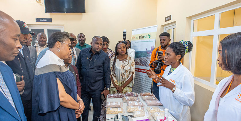 Prime Minister Judith Suminwa Tuluk visiting a youth agripreneur display stand during a mini exhibition.