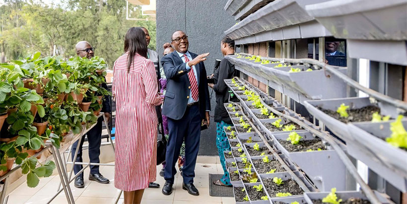 IITA Director General and CGIAR Regional Director for Continental Africa, Dr. Simeon Ehui with FAO Rwanda Country Representative Dr. Coumba Sow during a tour of FAO Rwanda's vertical farm.