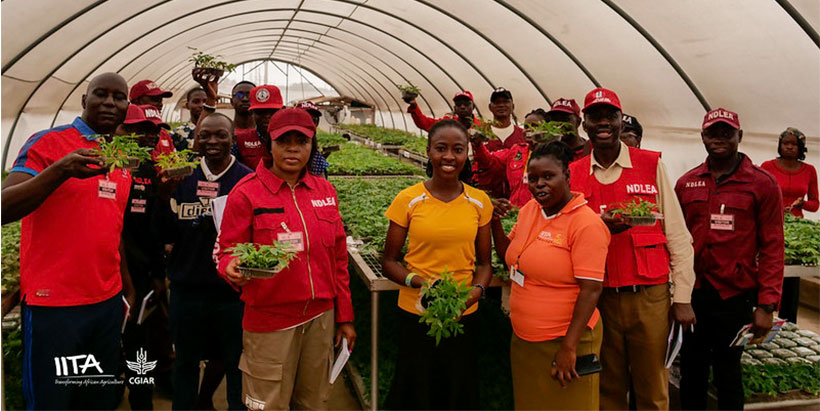 The NDLEA team during their visit to IITA cassava Semi-Autotrophic Hydroponics (SAH) screen house.