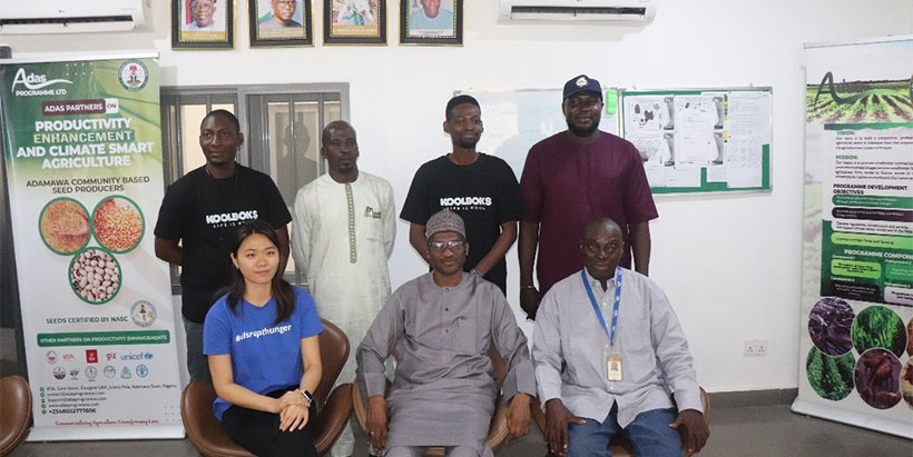 (front row, from left to right) Zehui Qiu, representing the WFP, Alhaji Yunusa Ibrahim Gafai, Lead Consultant and Chief Operating Officer of ADAS-P, Quadri Shakiru, Focal Person The Fragility, Conflict, and Migration Innovation (FCMI) Accelerator team on a visit to the the ADAS-P office in Yola.