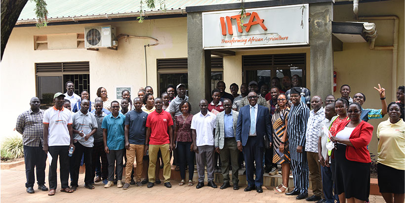 IITA Uganda staff with the Director General Dr Simeon Ehui during his visit to the Sendusu station.