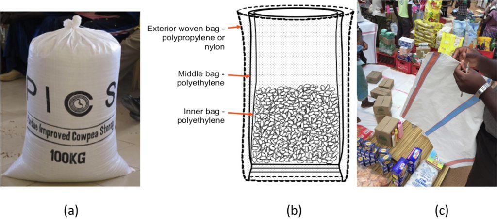 (a) Outside of PICS hermetic storage bag with the brand logo; (b) Interior design of PICS hermetic storage bag; (c) Generic, traditional woven storage bag with no branding.