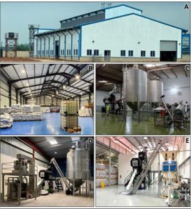 Manufacturing facilities constructed by HarvestField Industries Limited in Nigeria (A, B), BAMTAARE SA in Senegal (C), A to Z Textiles Limited in Tanzania (D), and Kenya Agriculture and Livestock Research Organization (KALRO) in Kenya (E).