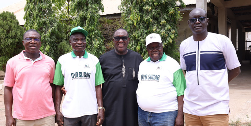 Dr Debo Akande (far left), Staff of the Oyo Sugar Processing Limited, (l), Dr Simeon Ehui (m), Chief Adepoju Olusola (r), and Dr Ibnou Dieng (r).