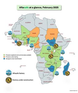 Status of Aflasafe product development, testing, and registration across Africa. Countries where Aflasafe factories are available or under construction are indicated.