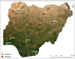 Distribution of study sites across the savannah and rainforest vegetation zones in Nigeria.