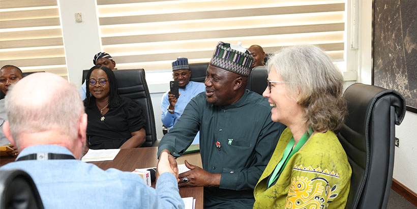 The Honourable Minister of State for Agriculture Dr Aliyu Abdullahi handholding IITA Director for West Africa Hub Michael Abberton for the urgent need for collaboration.