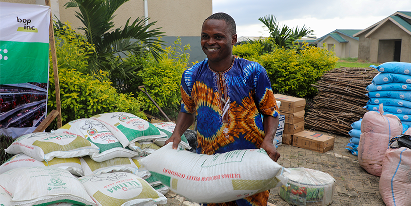 One of the participants carrying one of his items