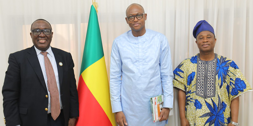 Dr Simeon Ehui with Orou Hermann Takou, Director of Cabinet of the Minister of Economy and Finance, and Aguemon Dossa, Director of Cabinet of the Minister of Agriculture, Livestock and Fisheries (Photo credit: Atayi Opaluwah).