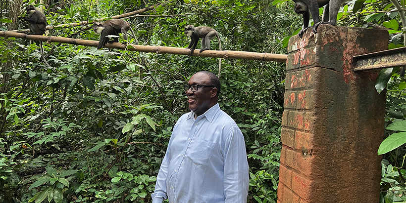 Dr Simeon Ehui visiting the Drabo Gbo forest sanctuary—home to endangered red-bellied monkeys.