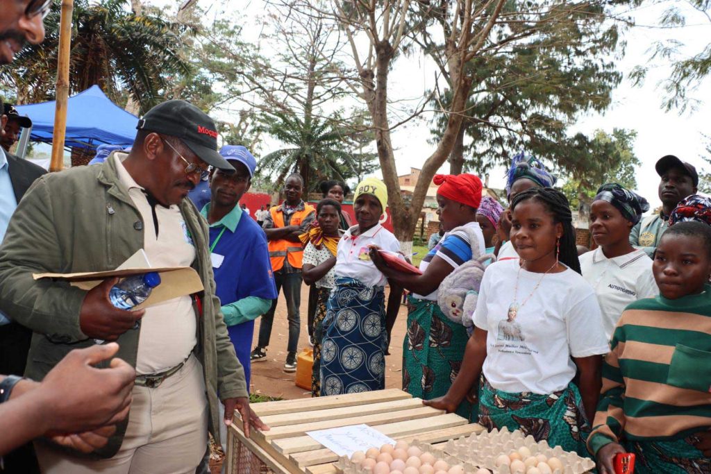 Government officials visiting a sample of eggs from Boschveld chickens being adopted by the community.
