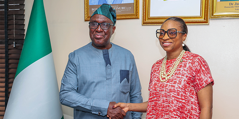 Dr Simeon Ehui with the Minister of Industry, Trade and Investment, Dr Jumoke Oduwole.