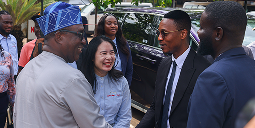 IITA Director General, Dr Simeon Ehui, exchanges pleasantries with Executive Director of CIG Motors, Jubril Arogundade, and General Manager of Operations, Manyo Pan, during the partnership event at IITA Headquarters, Ibadan. 