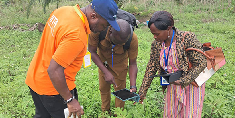 Ministry of Agriculture officials test the newly provided tablets that will be used for data collection and disease identification on the field