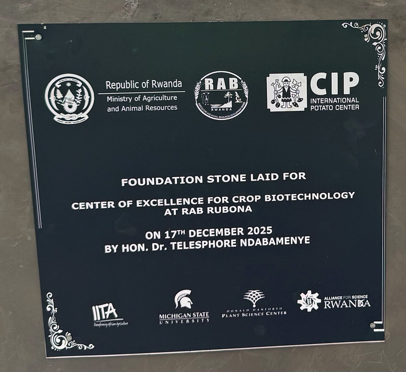 Foundation stone at the construction site of the Centre of Excellence for Crop Biotechnology.