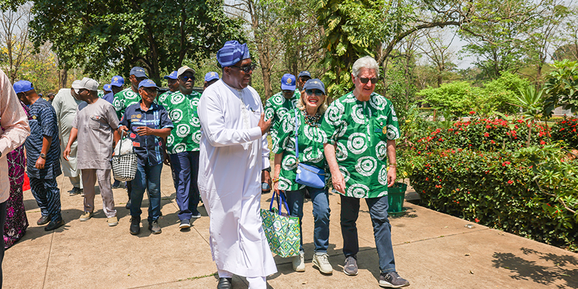 IITA Director General, Simeon Ehui, welcoming the Rotary International President, Francesco Arezzo, his wife, and other Rotarian delegates to IITA.