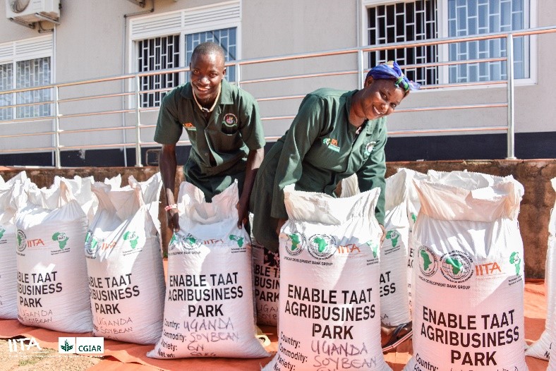 Two young farmers proudly display their bountiful soybean harvest.