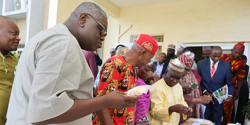 Participants of the Seed Systems Summit observing seed varieties on display during an exhibition tour.